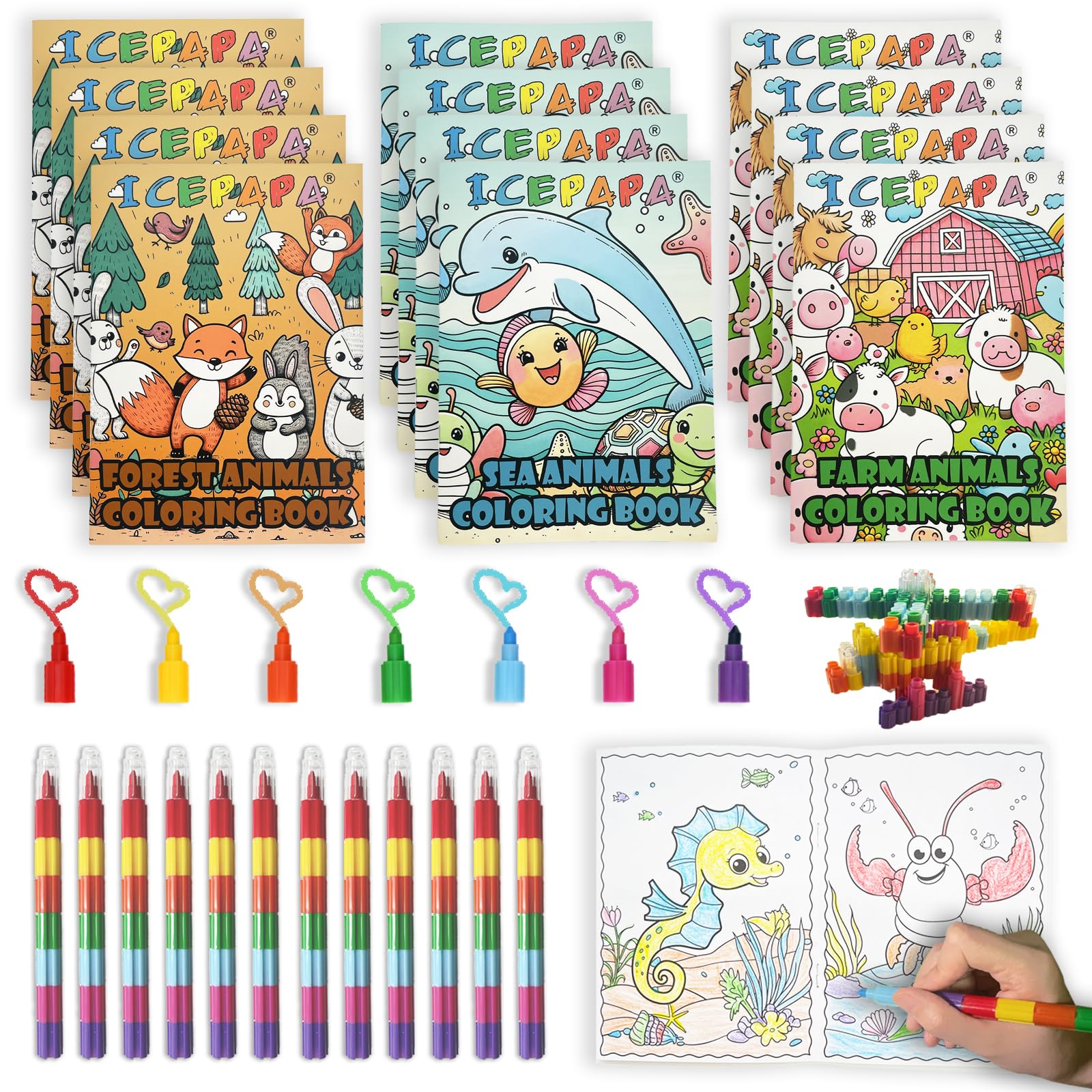 ICEPAPA, 12 colouring books for children and 12 crayons (7 colors in 1), mini colouring books for party bags, perfect for travel activity packs for kids and party bag fillers for kids unisex