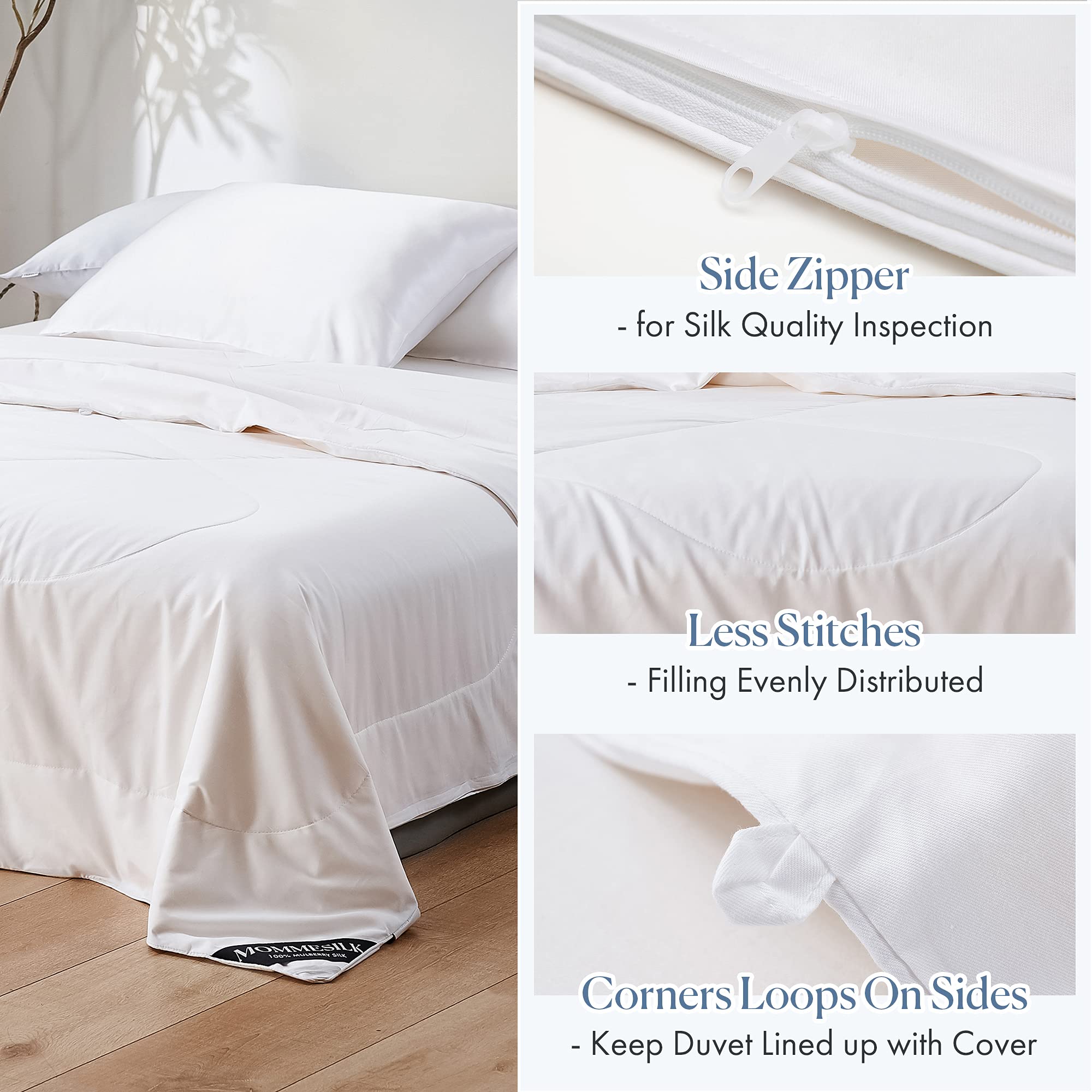 Mommesilk All Seasons Mulberry Silk Comforter/Duvet/Quilt, 100% Long Strand Silk Floss Filling and 100% Royal Cotton Cover, Soft Breathable, Silk Weight 2kg, King 92''x104''