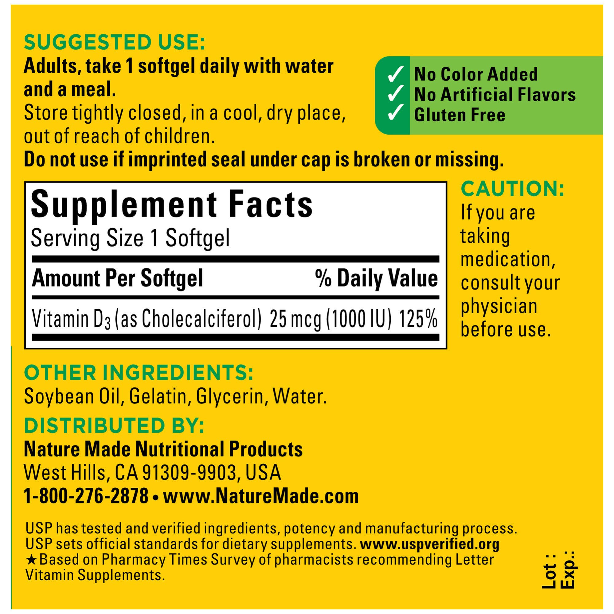 Nature Made Vitamin D3 1000 IU (25 mcg) Softgels, 100 Count for Bone