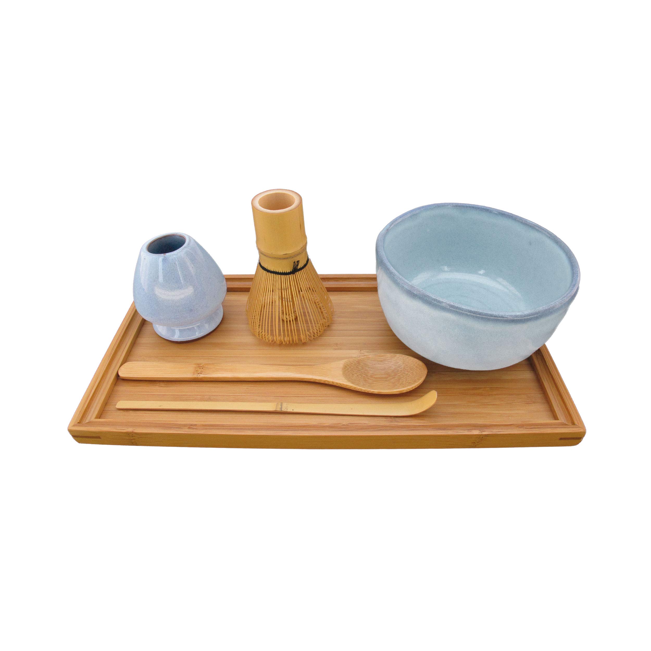 BambooMN Brand - Matcha Bowl Set (Includes Bowl, Rest,Tea Whisk, Chasaku, Tea Spoon & Tray) 1 Set Shimmering Blue