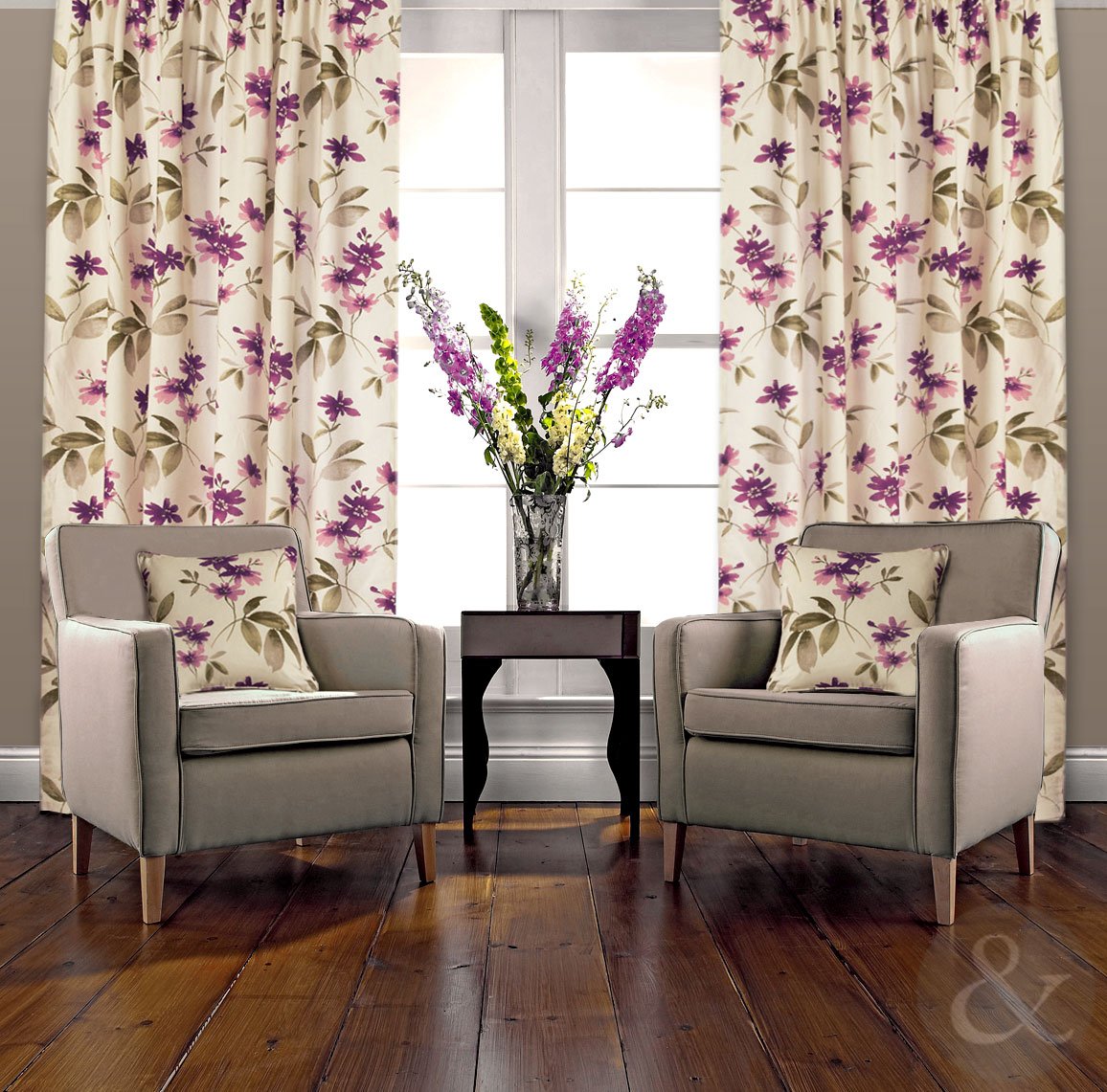 ORIENTAL CURTAINS Floral Heavy Half Panama Cotton Pencil Pleat Lined