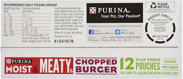 PURINA MOIST & MEATY DOG FOOD, CHOPPED BURGER, 12 POUCHES, 6 OZ EACH
