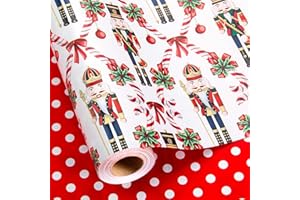 MAYPLUSS Christmas Nutcracker Wrapping Paper - 17 Inch X 33 Feet - Metallic Gift Wrapping Paper featuring Christmas Tree Holly Cute Bow Candy Cane Reversible Polka Dot for Holiday Party New Year Kids