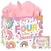 EoBeCy 4th Birthday Gift Bags for Girls, Four Ever Sweet Gift Bag with Tissue Paper and Card, Colorful Pink Donut Wrapping Paper for Kids Girl 4 Year Old Birthday Decorations Party Supplies