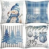 Artmag Christmas Pillow Covers 18x18 Inch Set of 4, Decorative Farmhouse Snowman Joy Believe Christmas Tree Blue Pillow Covers for Winter Holiday Home Decor Decoration