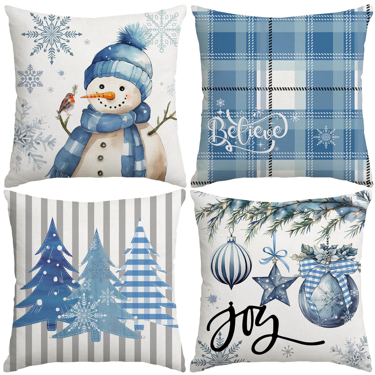 Miaikoe Christmas Cushion Covers 40x40 cm Set of 4, Decorative Farmhouse Snowman Joy Believe Christmas Tree Blue Pillow Covers for Winter Holiday Home Decor Decoration