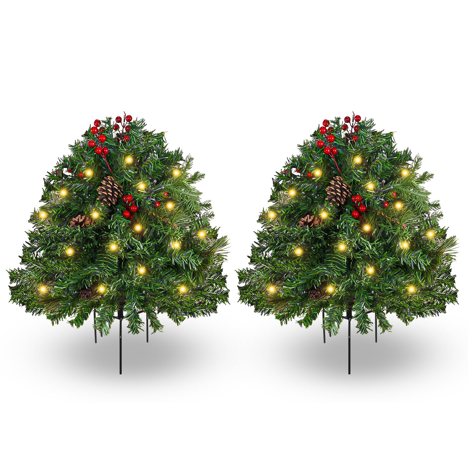Photo 1 of 2 Pack Lighted Artificial Christmas Urn Filler 23 Inch, Battery Operated Pre-lit Mini Xmas Trees, Tripod Stake and LED Lights Christmas Porch Decorations