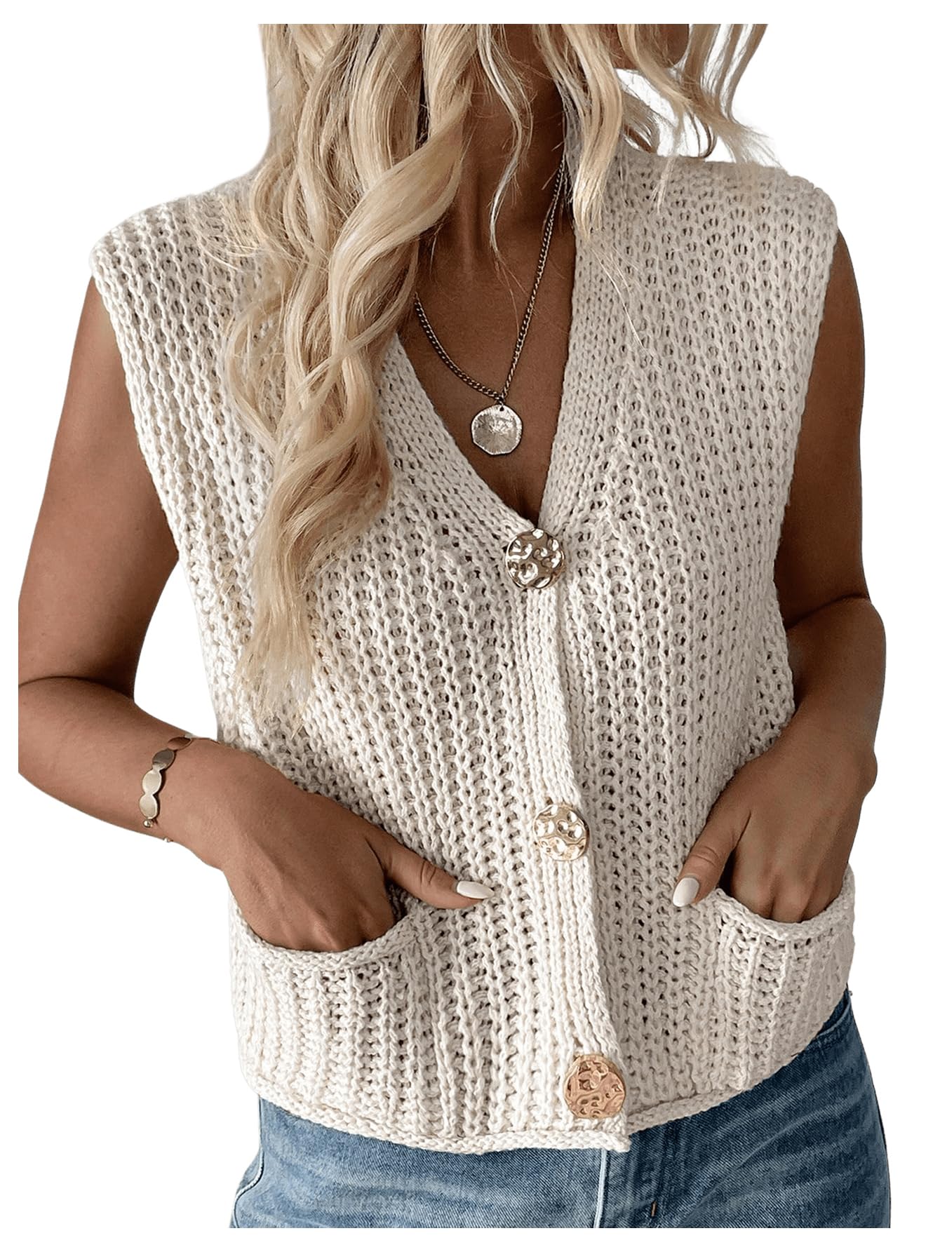Photo 1 of GORGLITTER Women's Cropped Sweater Vest Sleeveless Button Up Boho Crochet Knit Tops Western Country Outfits Apricot Small