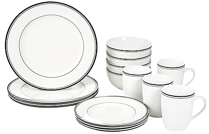AmazonBasics 16-Piece Cafe Stripe Dinnerware Set- Black