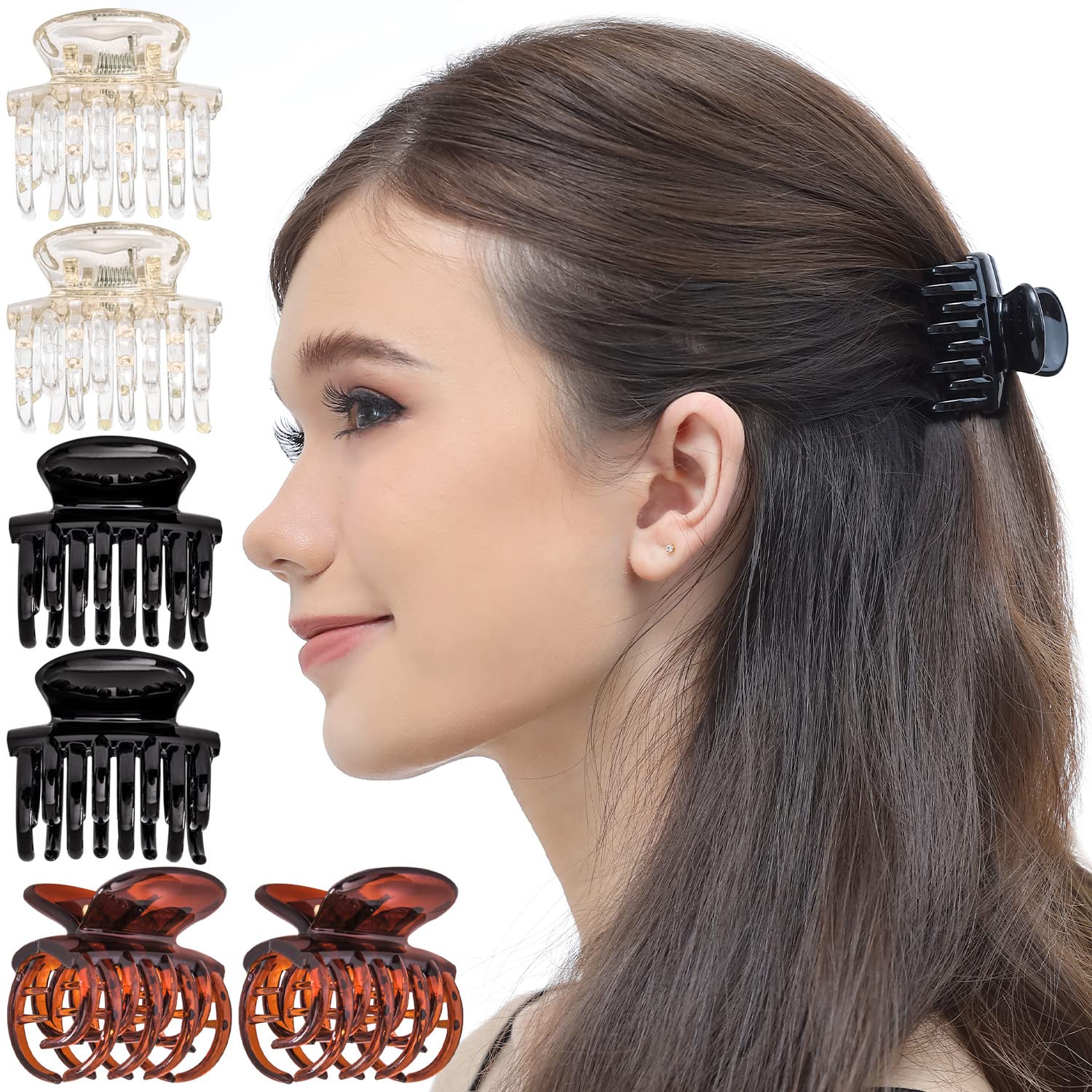 RC ROCHE ORNAMENT 6 Pcs Womens Classic Double Multi Layer Fine Teeth Claws Jaw Interlocking Strong Hold No Slip Firm Grip Hair Clutcher Clamp Beauty Fashion Accessory, Small Clear Brown and Black