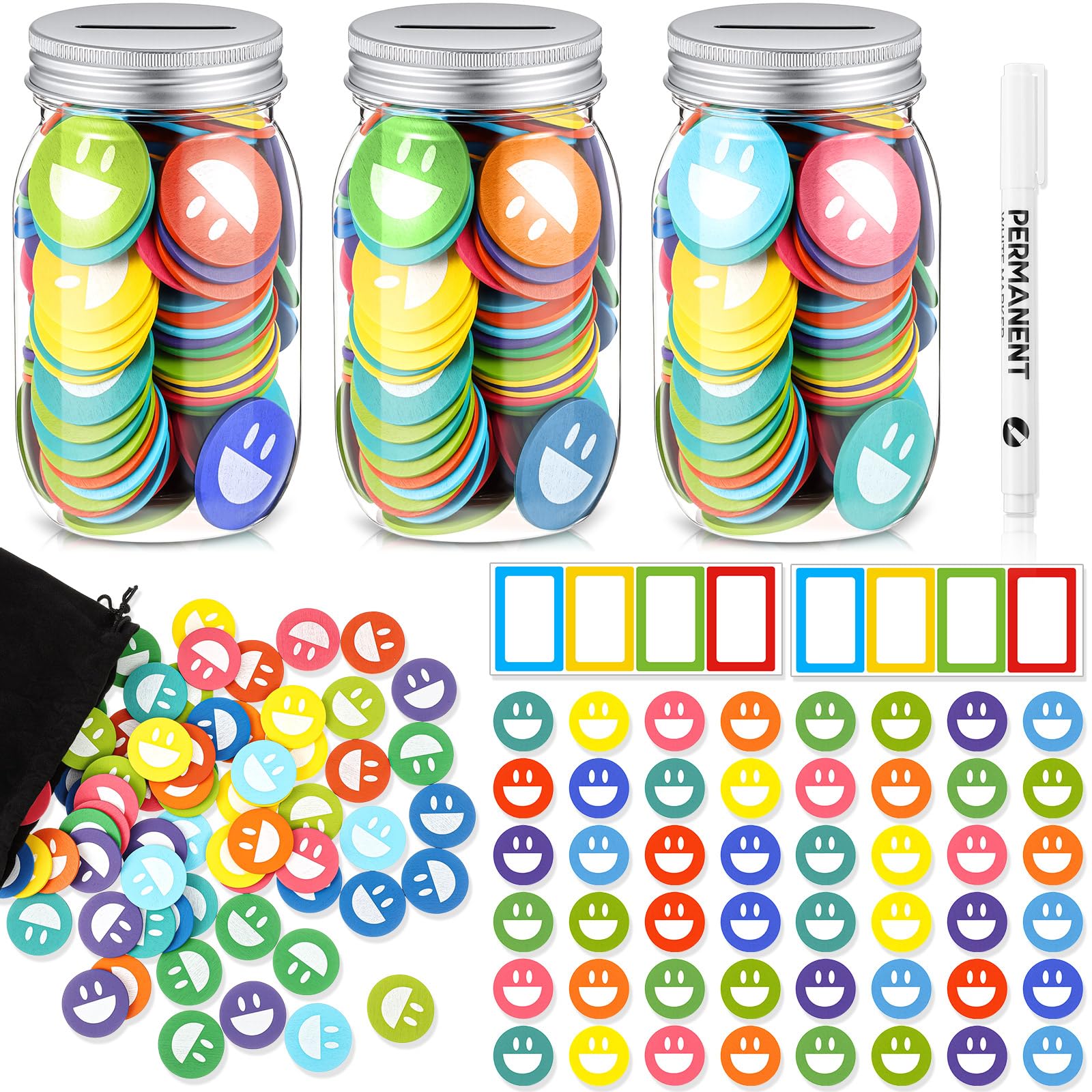 Photo 1 of Bokon Persomalized Reward Jar for Kid 200 Wooden Tokens 3 Pcs Coin Jars for Behavior 8 Name Tags Classroom Reward System for Kids Back to School Incentive Good Behavior Training(Colorful,Smile)