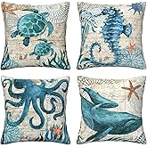 CCOCND Coastal Blue Throw Pillow Covers 18 x 18 Inch Sea Turtle Seahorse Octopus Shark Beach Decorative Pillow Cases Ocean Nautical Cushion Covers for Sofa Bed Home Decor Set of 4