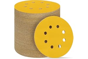 POTUINOM 100PCS 5 Inch 8 Hole Sanding Discs 320 Grit,Gold Round Hook and Loop Sandpaper for Random Orbital Sander