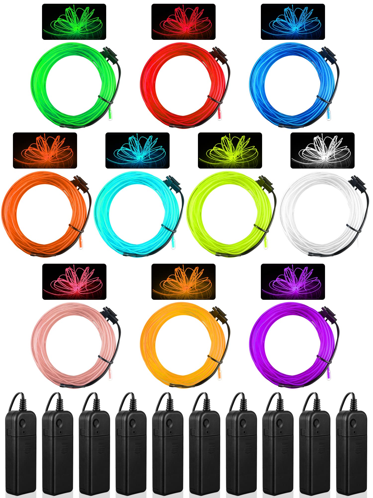 Melndiea EL Wire 5 Pack-9.8ft Portable Neon Rope Lights Strip-Wearable Battery Pack Body Lights-360°Illumination-Super Bright-Cuttable-DIY Halloween Christmas Party Bar Cosplay Costume - View #5