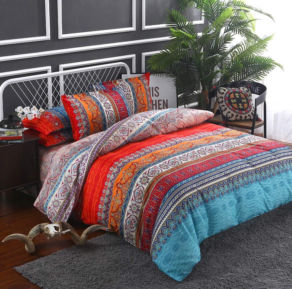 Omelas Bohemian Full Duvet Cover Set Colorful Floral Boho Striped Bedding Collection Super Soft Brushed Microfiber Double Duvets Cover Southwestern Indian Tribal Reversible Bedding Set (WCF,Full,3pcs)