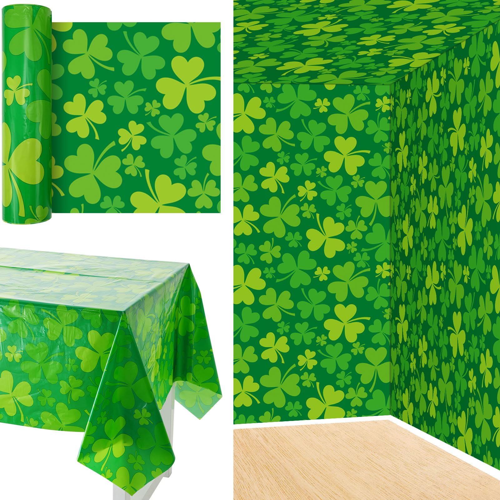 Photo 1 of Dandat 100 ft Long St. Patrick's Day Tablecloth Roll Disposable Green Rectangle Waterproof Shamrock Table Cloth Table Cover for St Patrick's Day Party Decorations