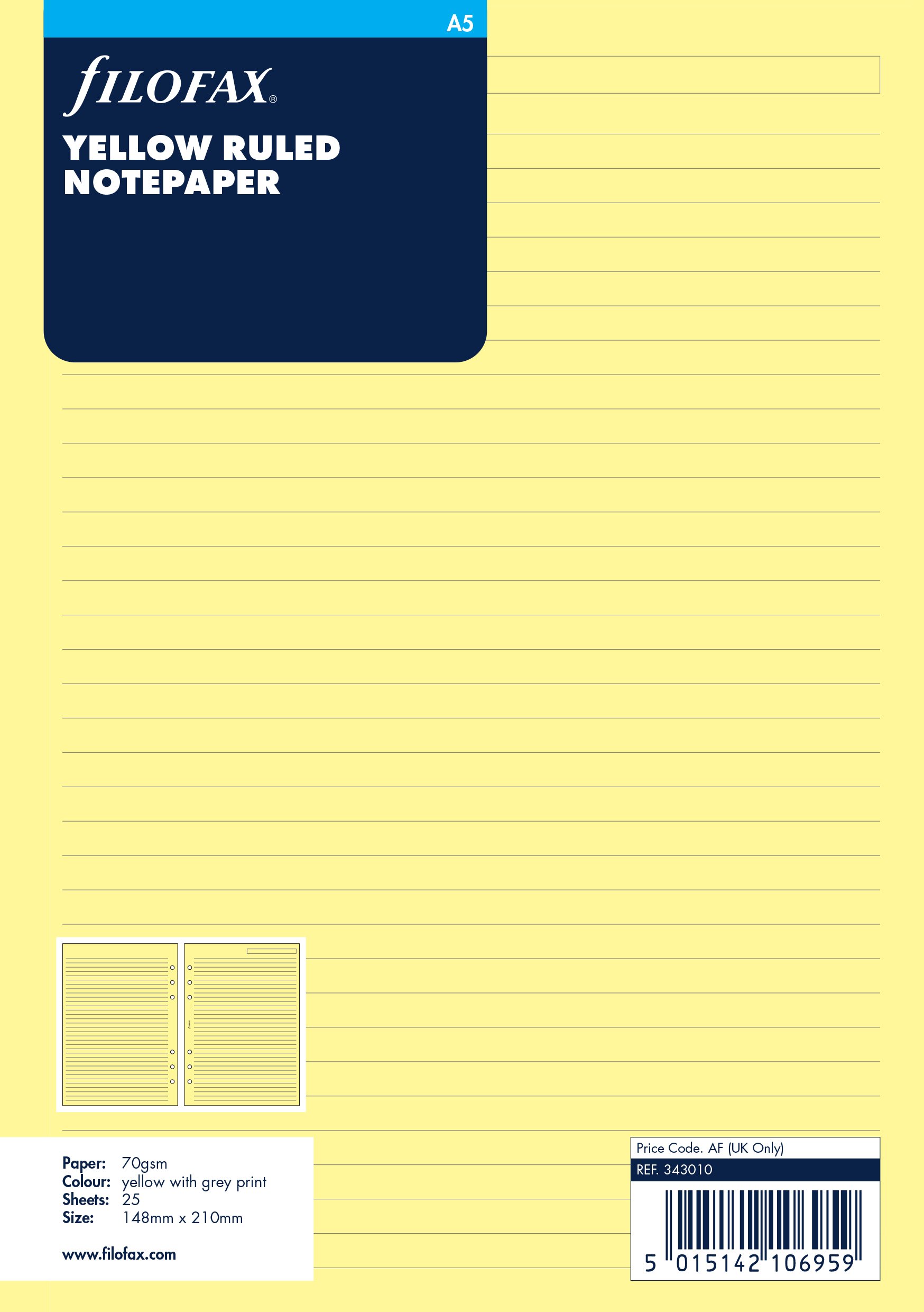 Filofax A5 Ruled Notepaper - Yellow