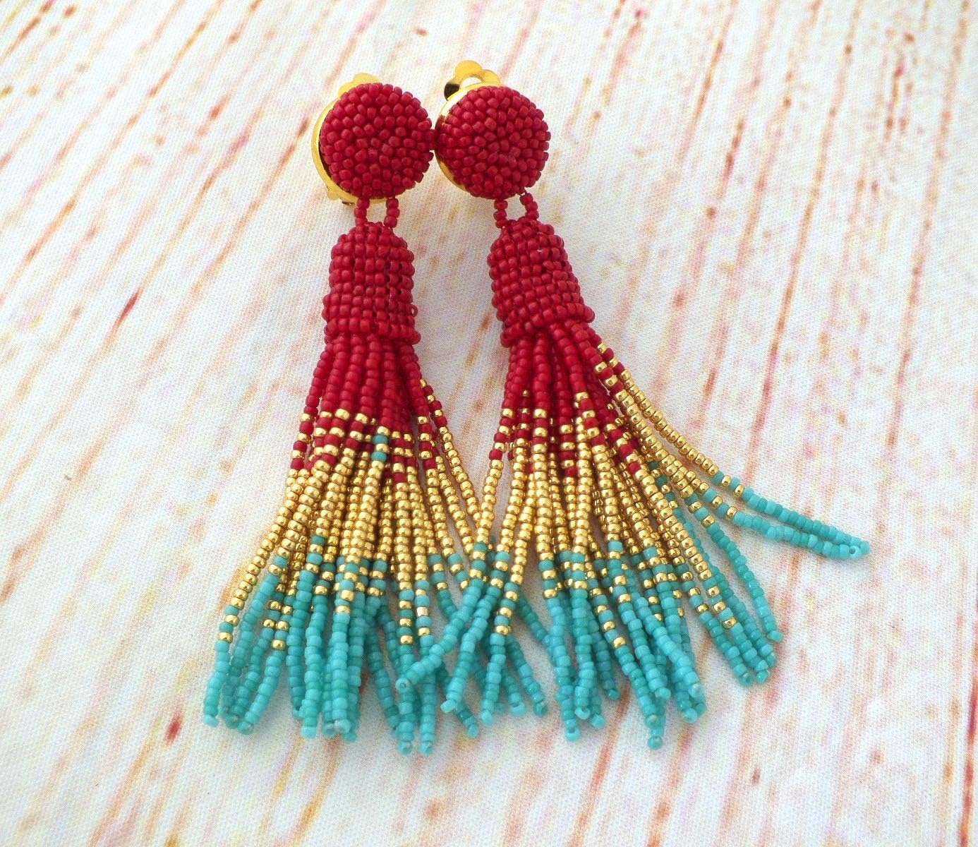 Beaded Bridesmaid Tassel Earrings Long Dangle Clip on Statement Seed Beads Earrings