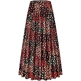CYiNu Women's Chiffon Elastic High Waist Tiered Pleated Floral Printed A-Line Boho Long Maxi Skirts