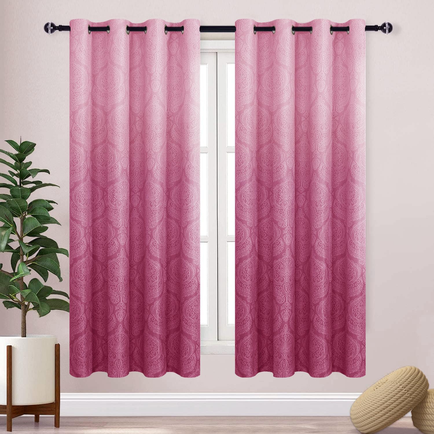 DWCN Ombre Blackout Curtains for Living Room - Thermal Insulated Block Light Energy Saving Privacy Gradient Damask Grommet Window Curtains for Bedroom, Set of 2 Panels, 52 x 63 Inch Length, Pink
