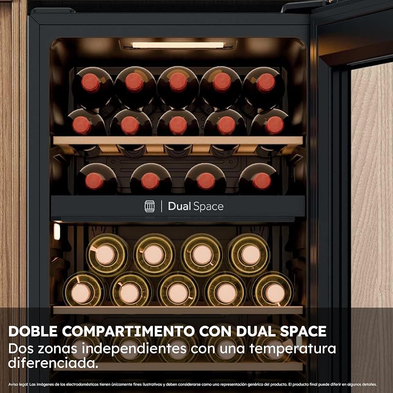 Wine Bank 50 Series 5 HWS32GDG Vinoteca de 32 Botellas, 2 Zonas Independientes, Estantes de Madera, Filtro Anti-UV, Sistema Antivibración, Display Digital, Iluminación LED, 37 dbA, Negra