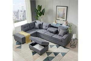 UBGO Living Room Furniture Sets,L-Shaped 2 Small Pillows&Storage Ottoman,Sectional 3-Seaters Sofa with Extra Wide Reversible Chaise,Upholstered Couch for Large Space Apartments, Gray i