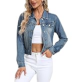 andy & natalie Women's Denim Jackets Cropped Long Sleeve Basic Button Down Crop Jean Shacket with Pockets