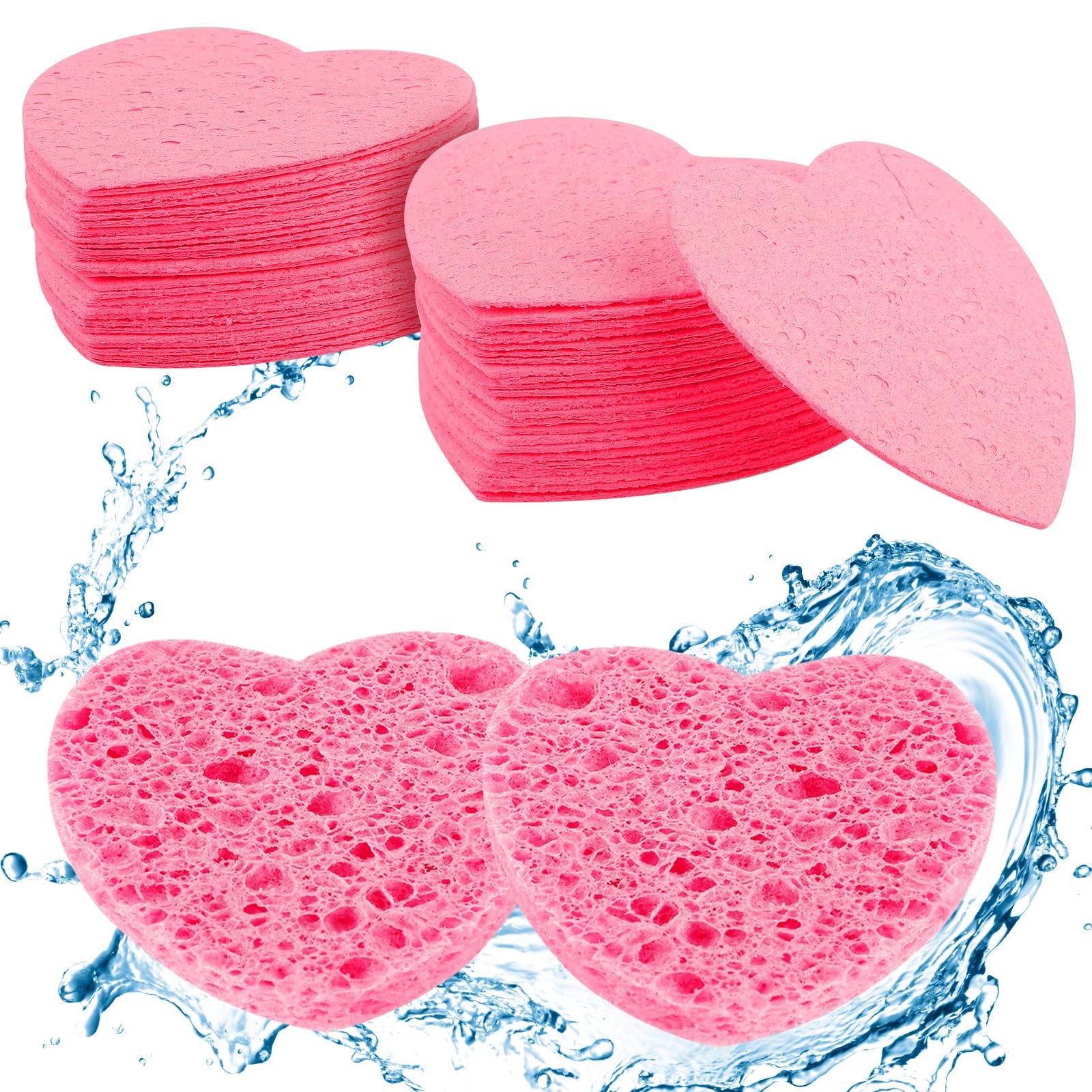 50pcs Facial Pads Compressed Face Sponges Daily Cleansing, Natural Wood Pulp Cotton Face Washing Sponge Exfoliating Face Sponge, Cosmetic Sponges for Makeup Removal Pink (2.5 Inch)