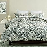 Finlonte Queen Size Comforter Set - Damask Paisley Floral Queen Comforter Bedding Set, 100% Cotton Soft Duvet Insert, Fluffy Cooling Lightweight Quilted Bed Set for Queen Size Bed, 90" × 90", 3pcs