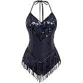 IBAKOM Sexy Sequins Fringe Bodysuit Halter Lace Up Back Jazz Latin Dance Tassel Leotard Acrobat Costume Rave Concert Outfits