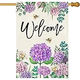 Baccessor Spring Hydrangea House Flag Double Sided 28x40 Inch, Purple Flower Floral Welcome House Flag Burlap Seasonal Farmhouse Yard Outdoor Decoration (Large)