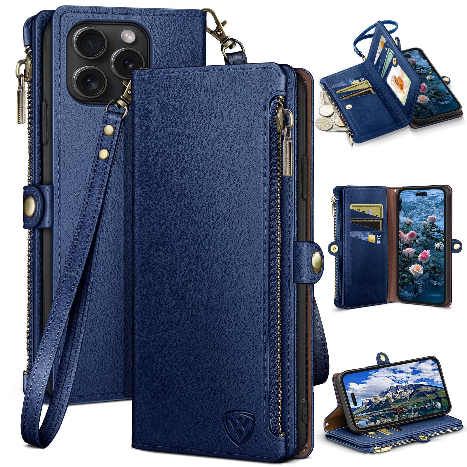 Photo 1 of XcaseBar Compatible with iPhone 16 Pro 6.3" Wallet case with Zipper Credit Card Holder?RFID Blocking?,Flip Folio Book PU Leather Phone case Shockproof Cover Men Women for Apple 16 Pro case Blue