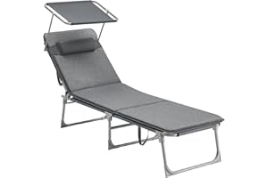 SONGMICS Sun Lounger, Deck Chair Folding, Sunbed, 76 x 20.9 x 11.4 Inches, Max. Load 330 lb, with Sunshade Headrest Adjustabl