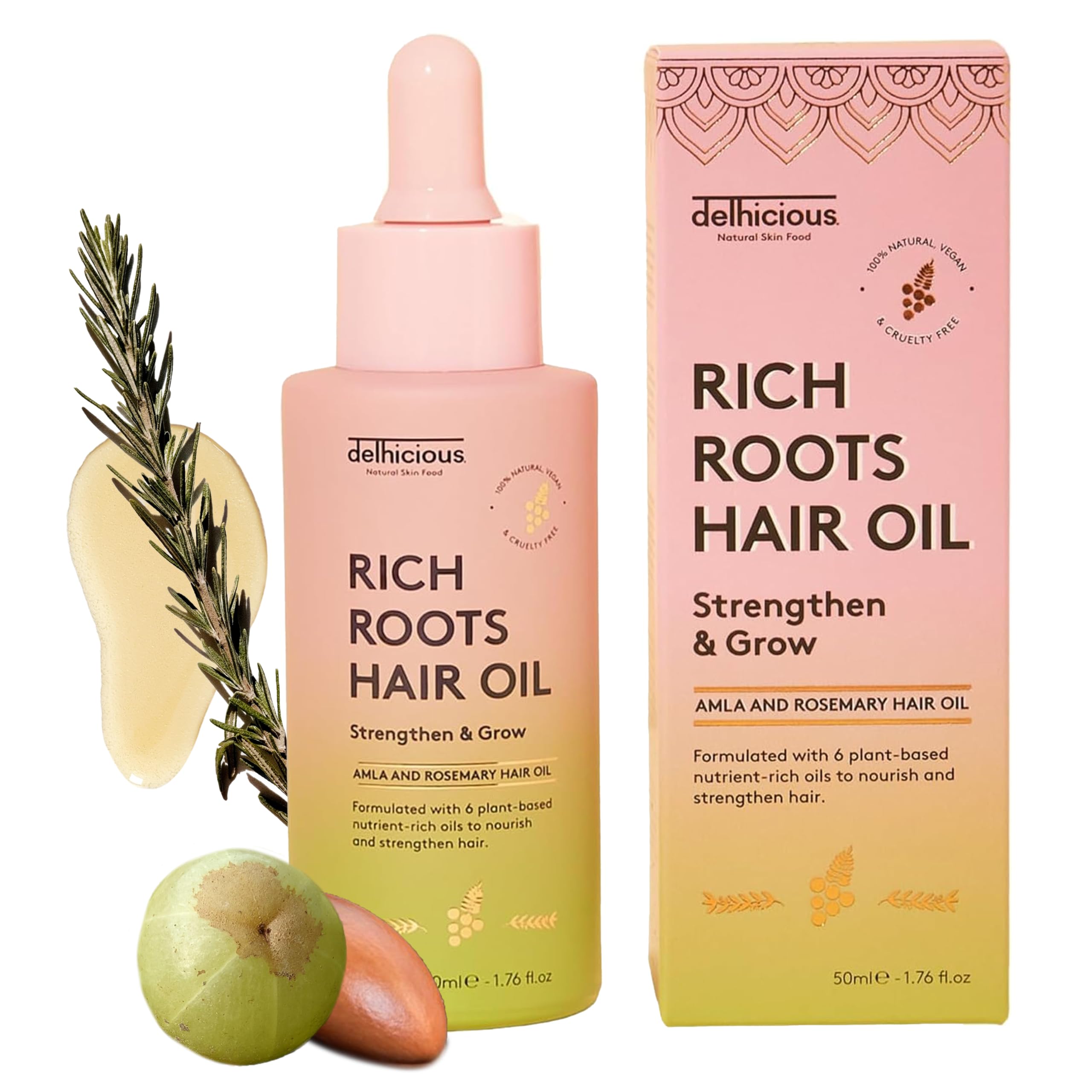 Delhicious Amla & Rosemary Oil for Hair Growth - Rich Roots Loss Treatment for Thinning & Dry Scalp with Argan - Ayurveda Treatment - Vegan, Sulphate Free - 50ml
