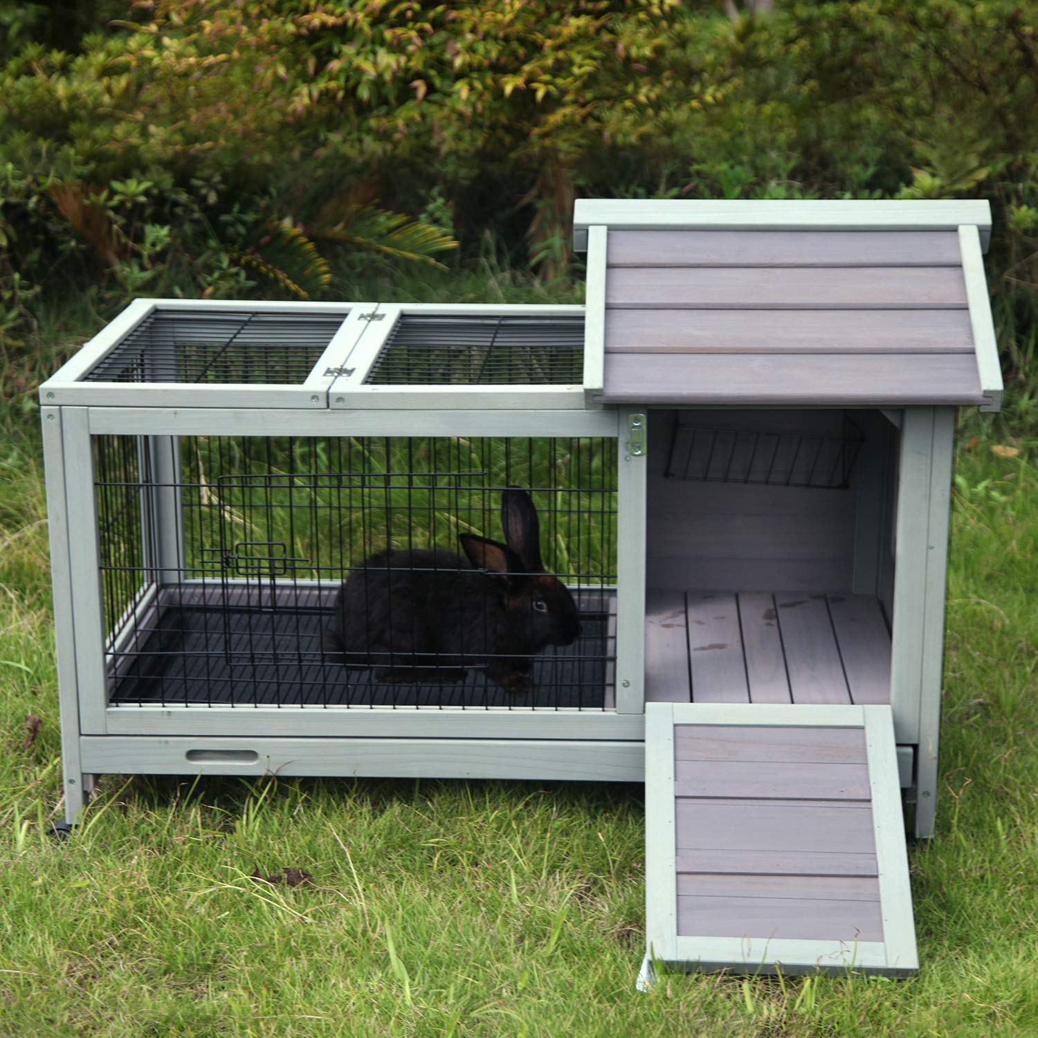  Aivituvin Rabbit Hutch Outdoor and Indoor on Wheels, Wooden Bunny