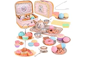 VIWULUTE Tea Party Set for Girl, Tea Time Toys Including Tea Set Dessert Carrying Case, Kids Picnic Pretend Playset for Little Girls Birthday Toddler Kids Age 3-7