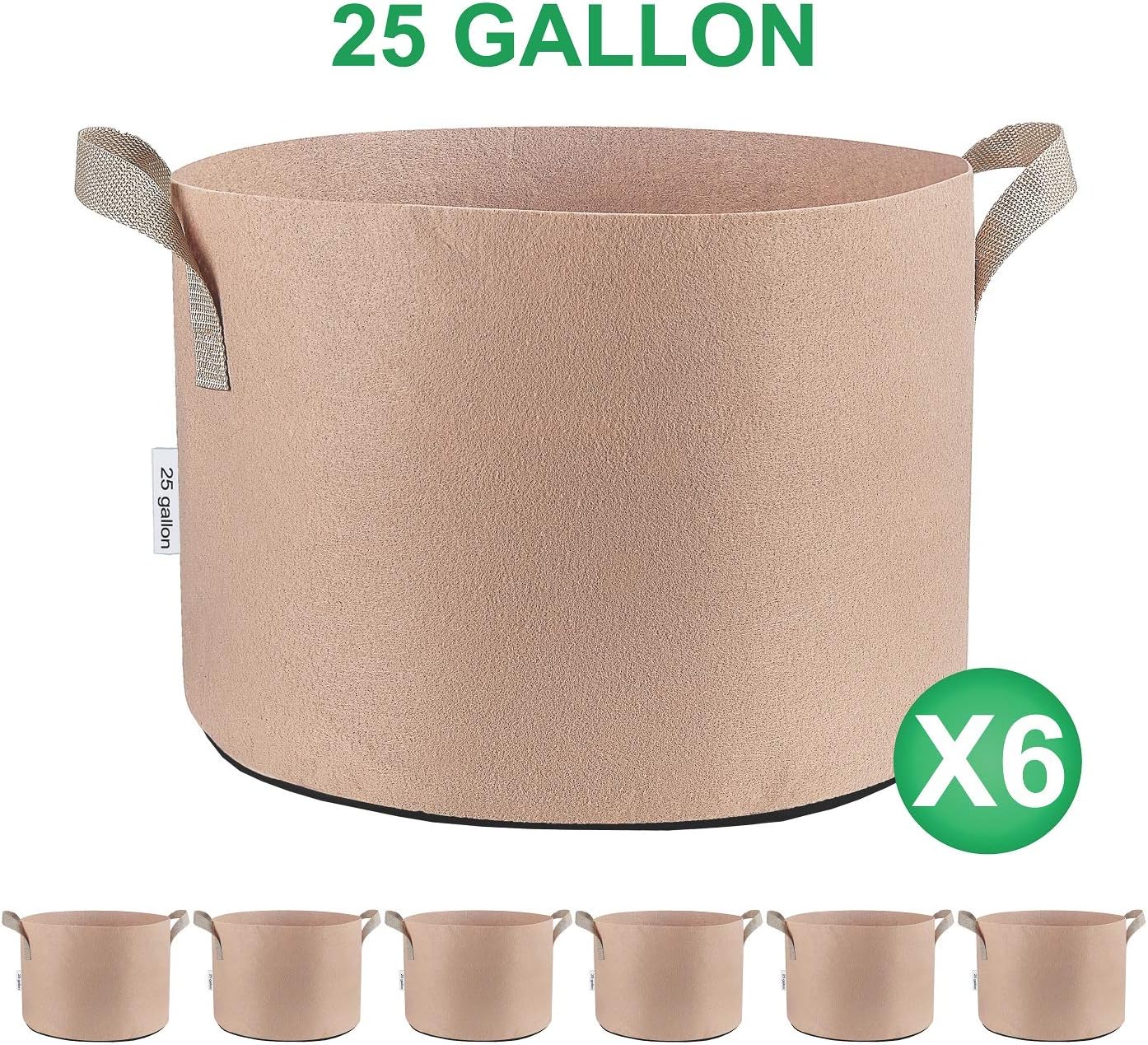 TopoGrow 6-Pack 25 Gallon Grow Bags Tan Fabric Round Aeration Pots Container for Nursery Garden and Planting Grow (25 Gallon, Tan(6-Pack))