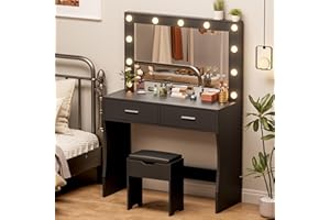 YESHOMY Vanity Desk with Mirror, Power Outlet and 10 Lights, Makeup Table with 2 Drawers, 3 Color Modes Available for Bedroom, Black