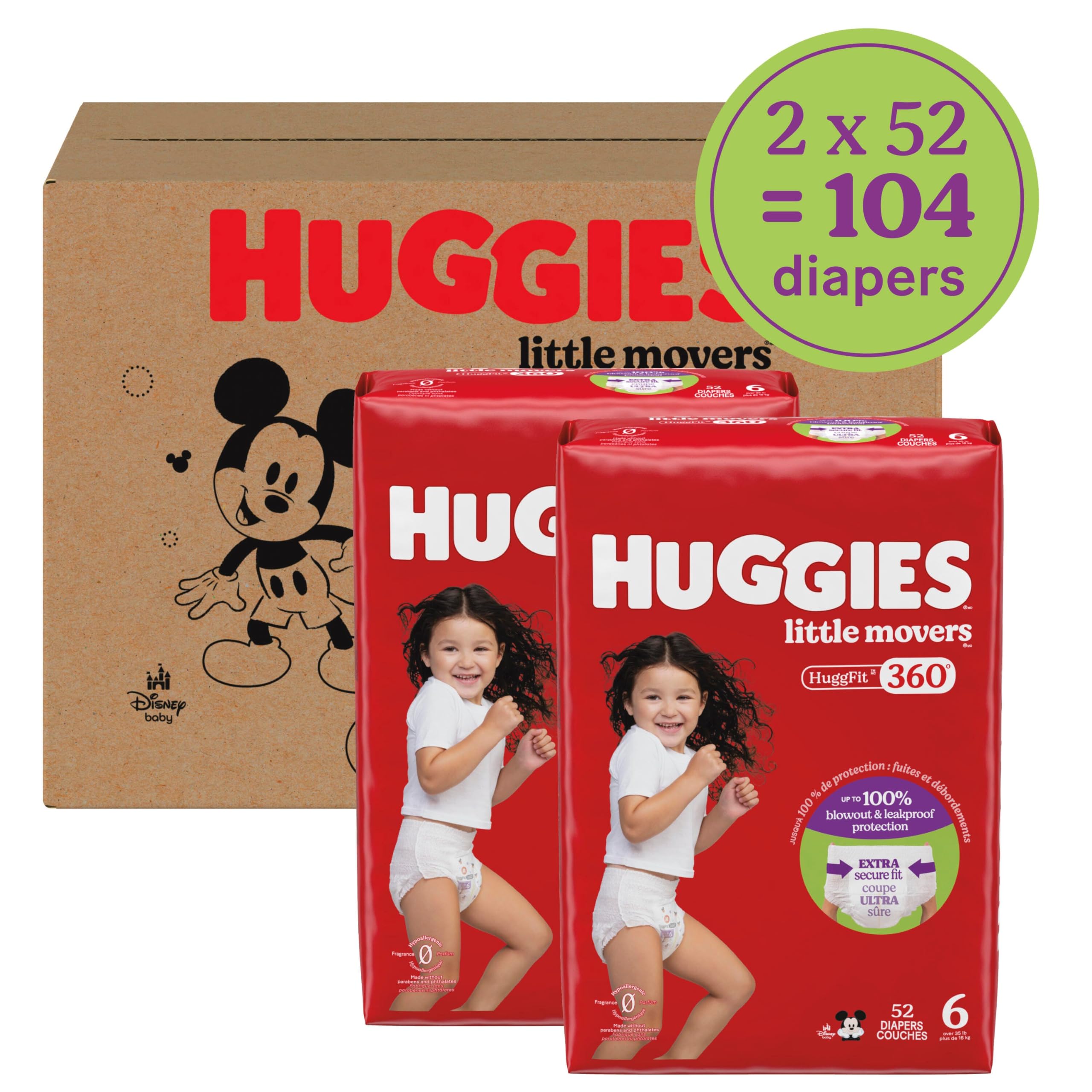 HUGGIES Size 6 Baby Diapers, Little Movers HuggFit 360° Baby Diapers with 360° Waistband, Size 6 (35+ lbs), 104 Count (2 Packs of 52), Packaging May Vary