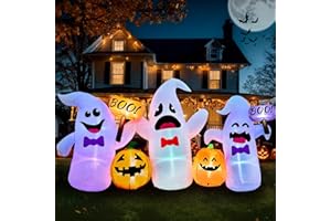 FOCIE 8FT Long Halloween Inflatable Ghosts and Pumpkins, 3 Blow Up Ghosts Inflatables with 2 Pumpkin Built-in LED Lights for Halloween Party Yard Garden Lawn Decorations