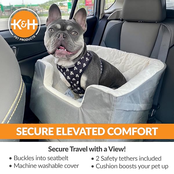 K&H PET PRODUCTS BUCKET BOOSTER DOG CAR SEAT, SEAT BELT SECURED, 2 SAFETY LEASHES, WASHABLE COVERS, STURDY DOG & CAT BOOSTER SEAT, CARRIERS FOR SMALL TO MEDIUM PETS – LARGE GRAY/CREAM