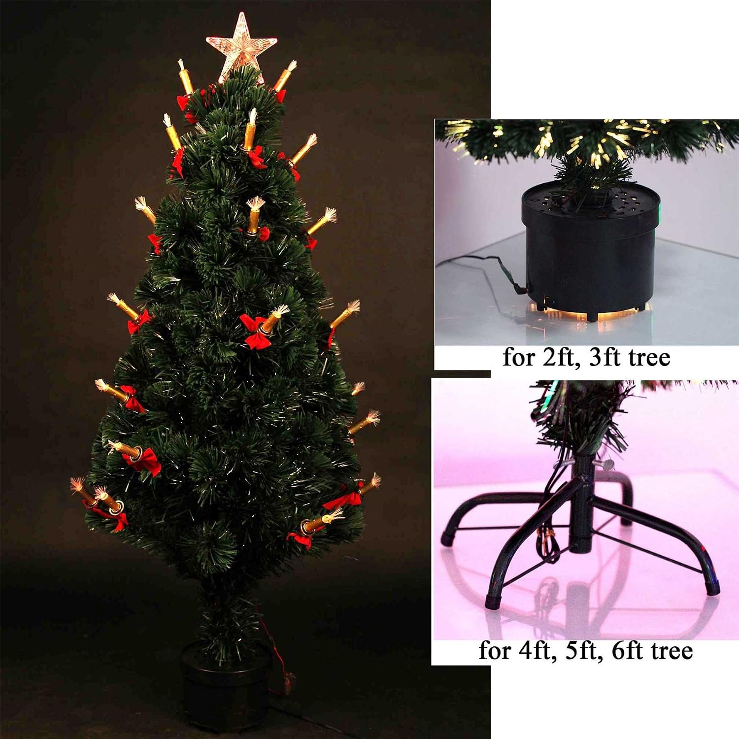 SHATCHI 3ft/90cm Candle and Bow Pre-Lit Fibre Optic Christmas Tree Various Multicolour Light Effects Holiday Xmas Home Decorations, Green, 3Ft - Image 3