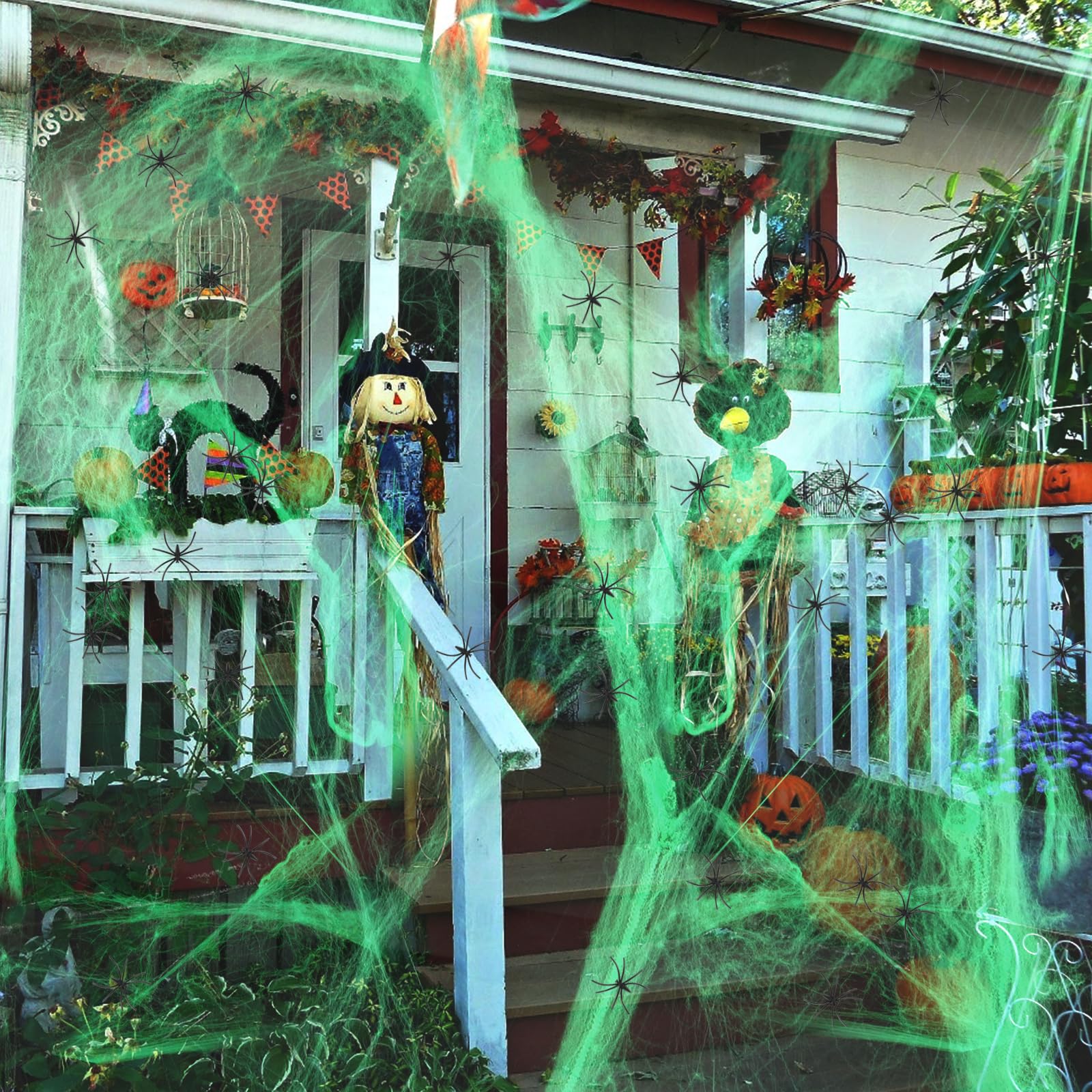 Photo 1 of 1200 sqft Halloween Spider Web Decor with 100pcs Plastic Fake Sipders, Green Super Stretch Cobwebs for DIY Weird Ideas Halloween Party Decorations for Indoor and Outdoor Porch Use