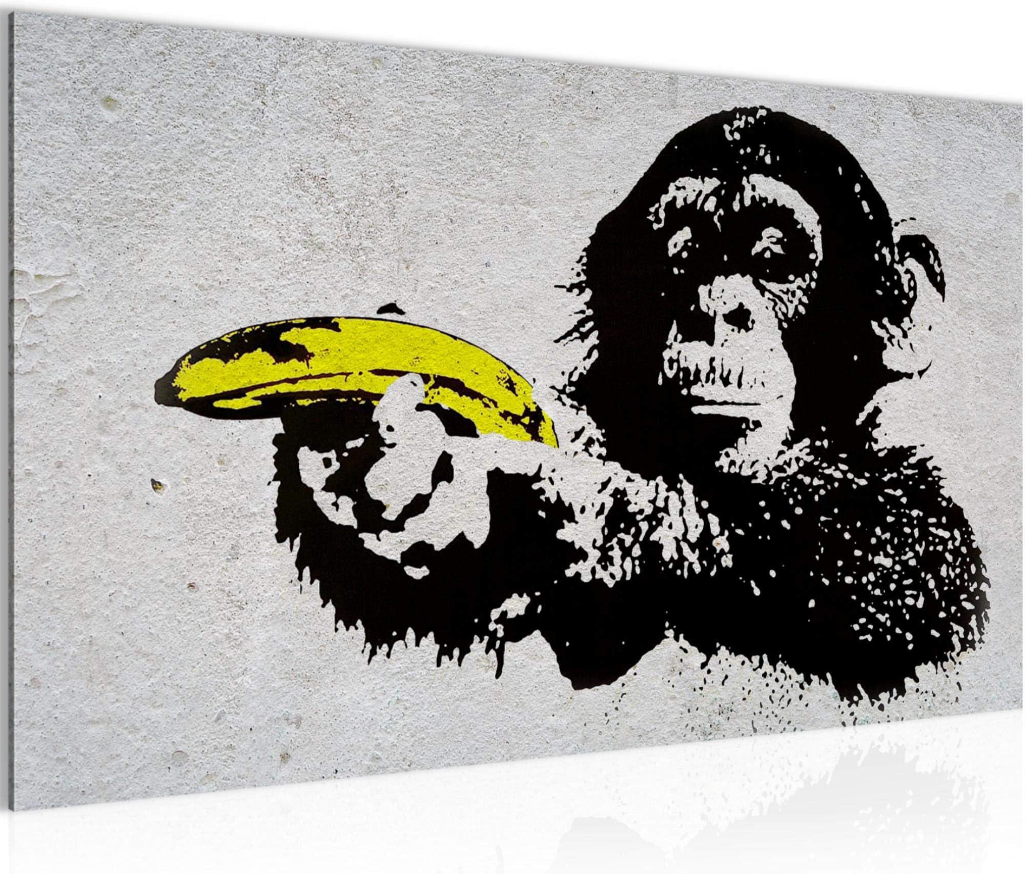 Non-Woven Canvas Wall Art Monkey with bannane Gun Banksy Modern Pictures - 100% Made in Germany - Street Art Gray Hall 302814a