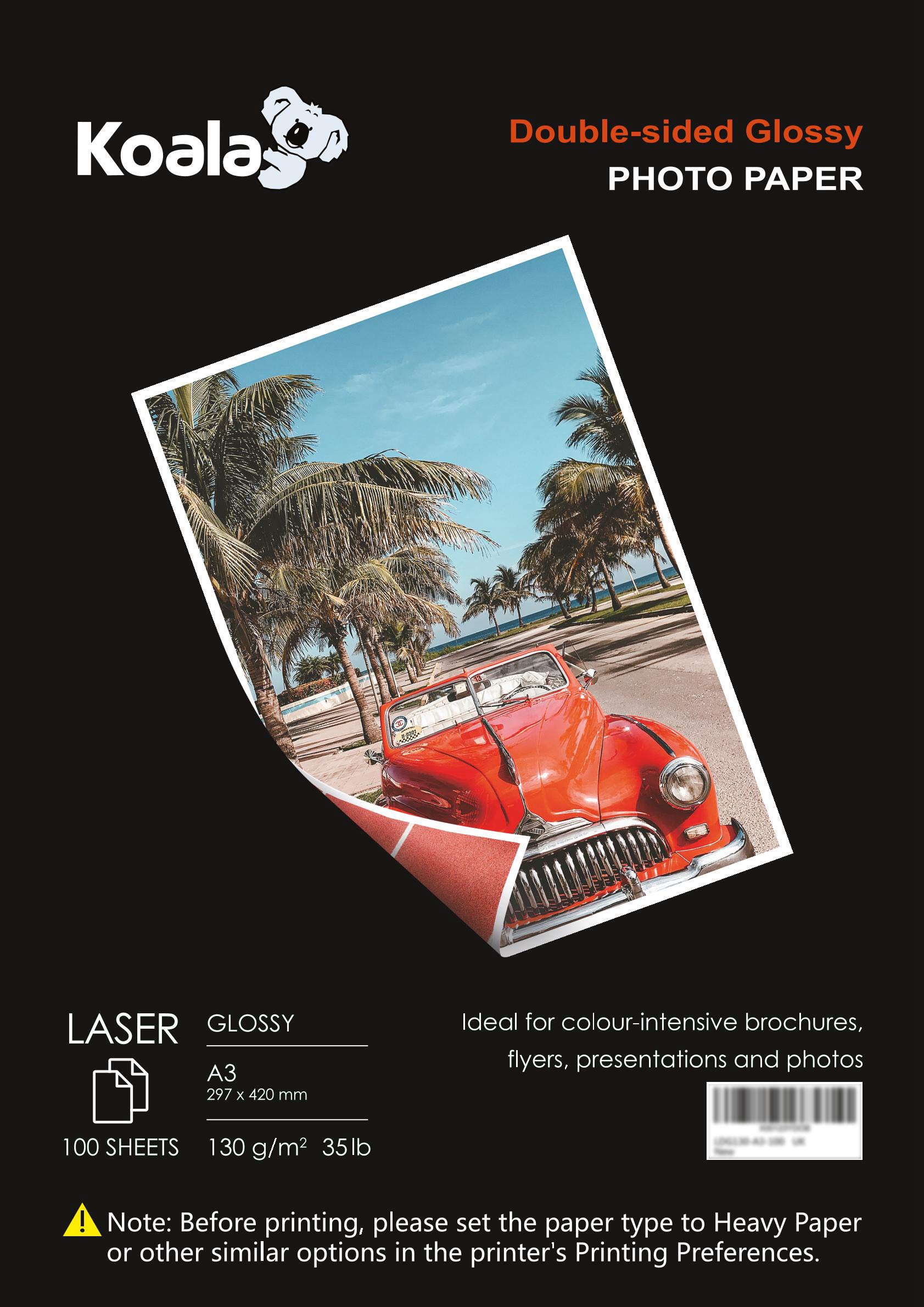 KOALA Double Sided Glossy Laser Photo Paper A3, 130gsm, 100 Sheets. Suitable for Laser Printer, for Printing Photos, Brochures, Covers, Certificates, Booklets, Flyers, Leaflets, Cards, Calendars