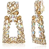 Flyonce Rectangle Clip-on Drop Earrings for Women, Sparkly Rhinestone Crystal Geometric Statement Non Pierced Earring