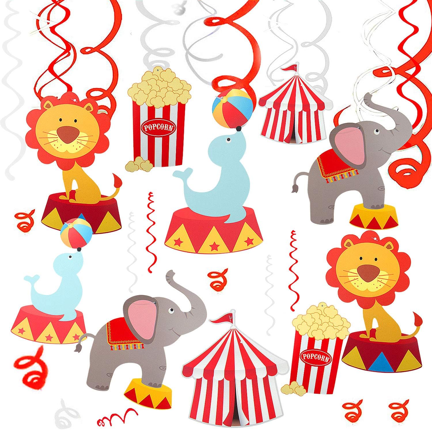 30Pcs Carnival Hanging Swirl Decorations, Comius Foil Swirl Party Decorations, Circus Themed Birthday Party Decorations, Ceiling Streamers, Hanging Carnival Attraction Decor for Happy Birthday