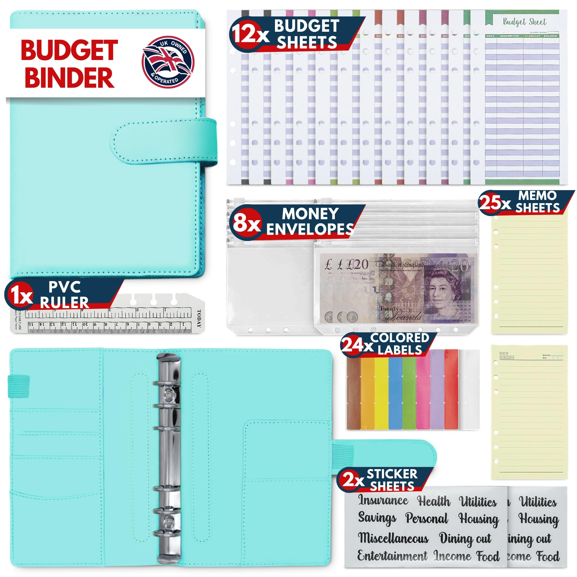 KASTLO A6 PU Leather 51pcs Budget Binder Planner - Money Saving Wallet with Plastic Money Wallet Organiser, Label Sticker, Ruler - Budget Planner & Cash Envelopes for Cash Stuffing Wallet UK - Green