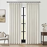 Topfinel Pinch Pleated Curtains 96 Inch Long, 100% Blackout Thermal Insulated Natural Linen Pinch Pleat Viral Drapes with Hooks Rings 2 Panel Sets, Neutral Beige Ivory 8FT Back Tab Window Curtains