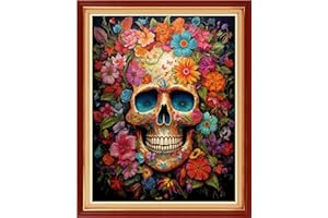 Joyhoor Cross Stitch Kits for Beginners Stamped Cross-Stitch Supplies Needlework preprint Embroidery Kits for Adults DIY Needlepoint Kits Embroidery Patterns 11CT-Colorful Skull 16x20 inchs